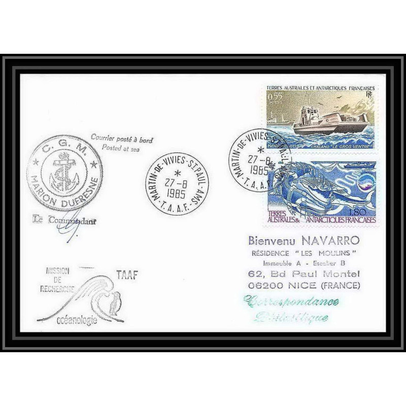 1475 mission de recherche océanologie 27/8/1985 Signé signed TAAF Antarctic terres australes Lettre (cover)