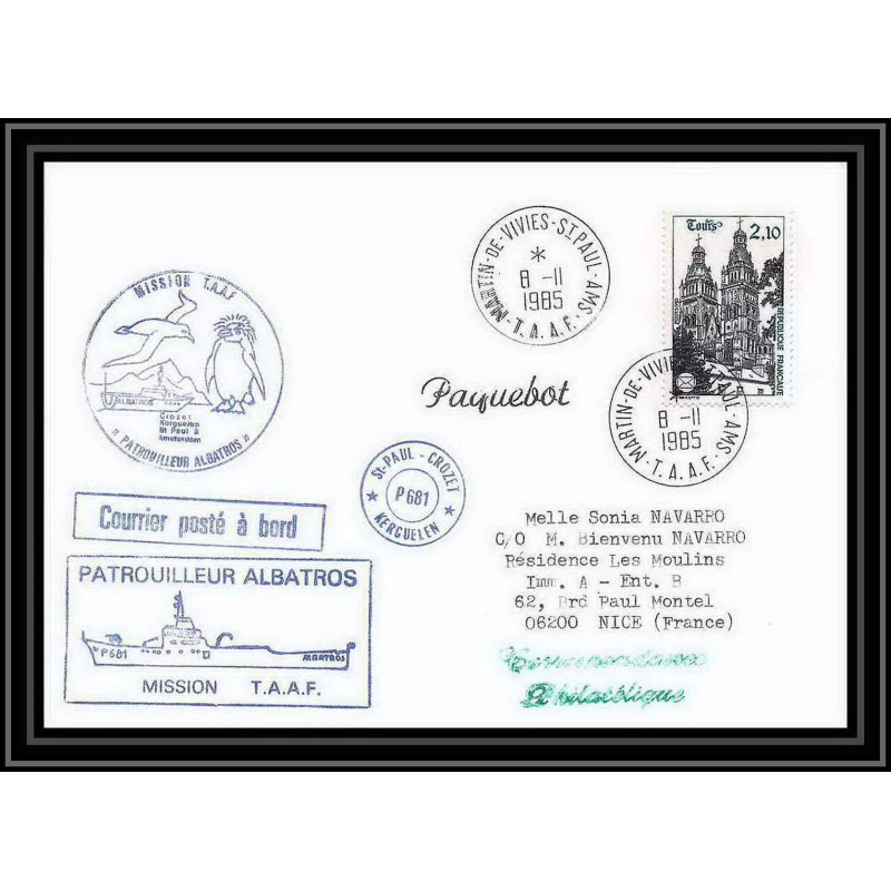 1478 patrouilleur albatros 8/11/1985 TAAF Antarctic terres australes Lettre (cover)