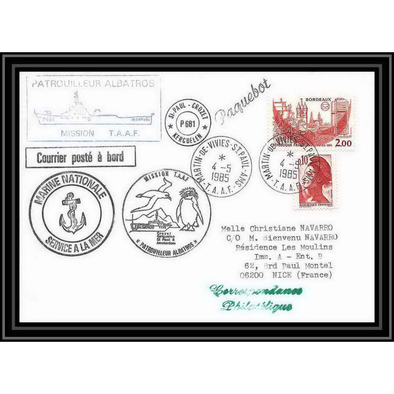 1481 patrouilleur albatros 4/5/1985 TAAF Antarctic terres australes Lettre (cover)