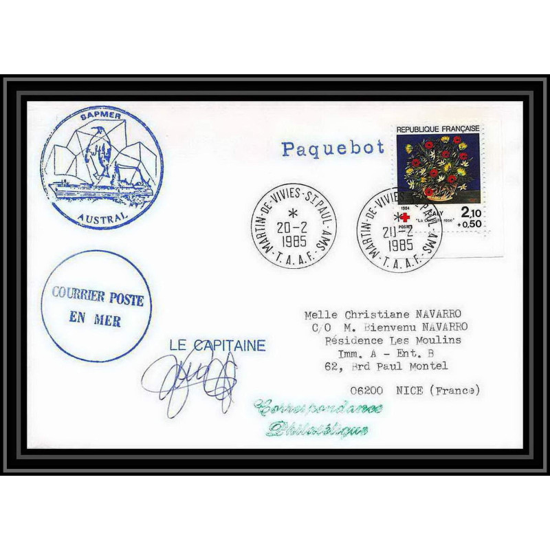 1492 navire de peche austral 20/2/1985 Signé signed TAAF Antarctic terres australes Lettre (cover) paquebot