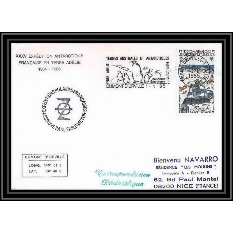 1505 35 ème expédition en terre adélie 1/1/1985 dumont d'urville TAAF Antarctic terres australes Lettre (cover)