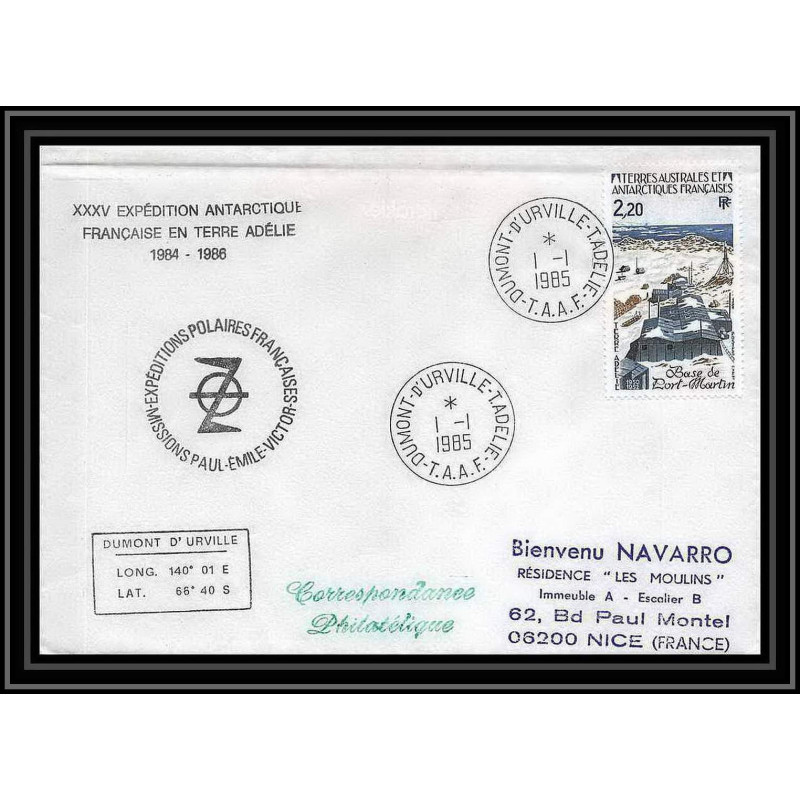 1506 35 ème expédition en terre adélie 1/1/1985 dumont d'urville TAAF Antarctic terres australes Lettre (cover)