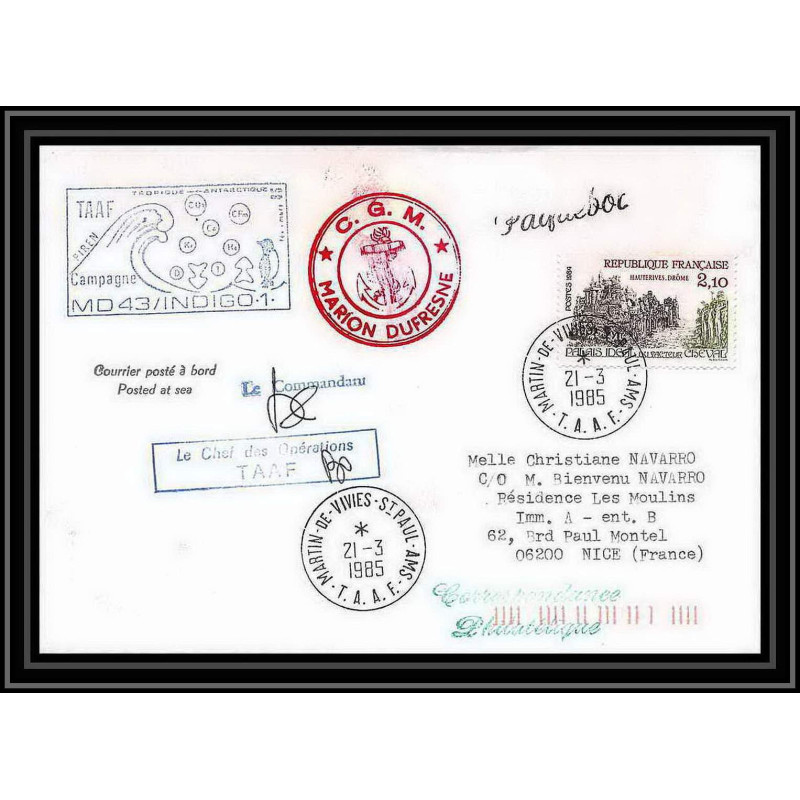 1525 campagne md 43 indigo 1 21/3/1985 Signé signed marion dufresne TAAF Antarctic terres australes Lettre (cover)