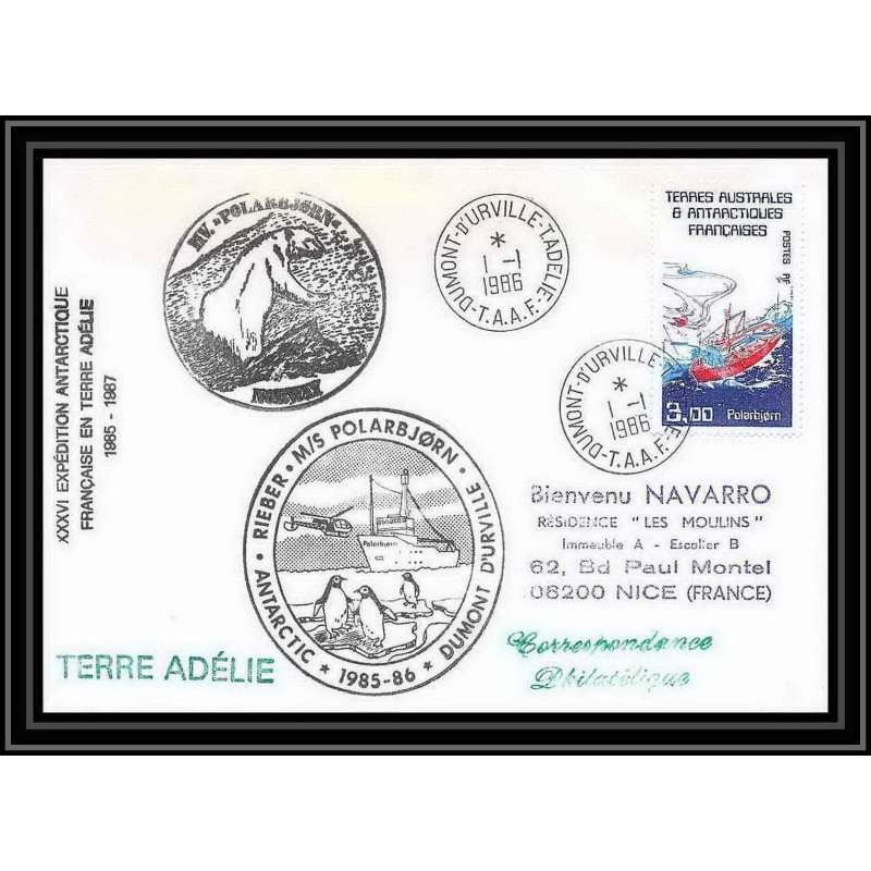 1529 36 ème expédition en terre adélie polarbjorn 1/1/1986 TAAF Antarctic terres australes Lettre (cover)