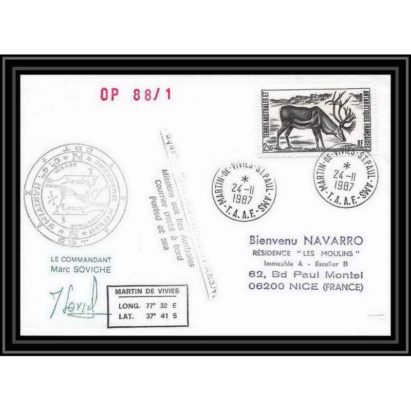 1537 op 88/1 marion dufresne Signé signed 24/11/1987 TAAF Antarctic terres australes Lettre (cover)