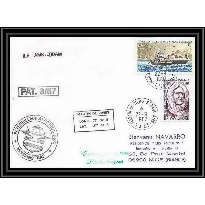 1545 patrouilleur albatros 3/87 22/9/1987 TAAF Antarctic terres australes Lettre (cover)