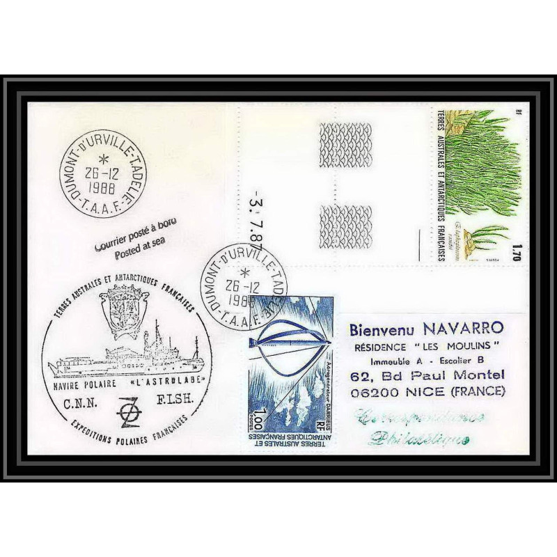 1550 navire polaire astrobale 26/12/1988 TAAF Antarctic terres australes Lettre (cover) coin daté