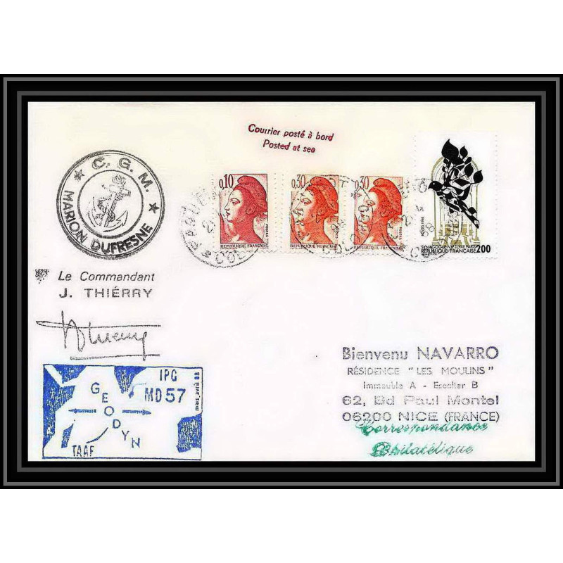 1553 geodyn md 57 marion dufresne 21/4/1988 Signé signed thierry TAAF Antarctic terres australes Lettre (cover)
