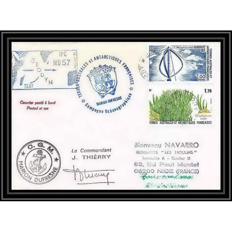 1555 geodyn md 57 marion dufresne 21/4/1988 Signé signed thierry TAAF Antarctic terres australes Lettre (cover)