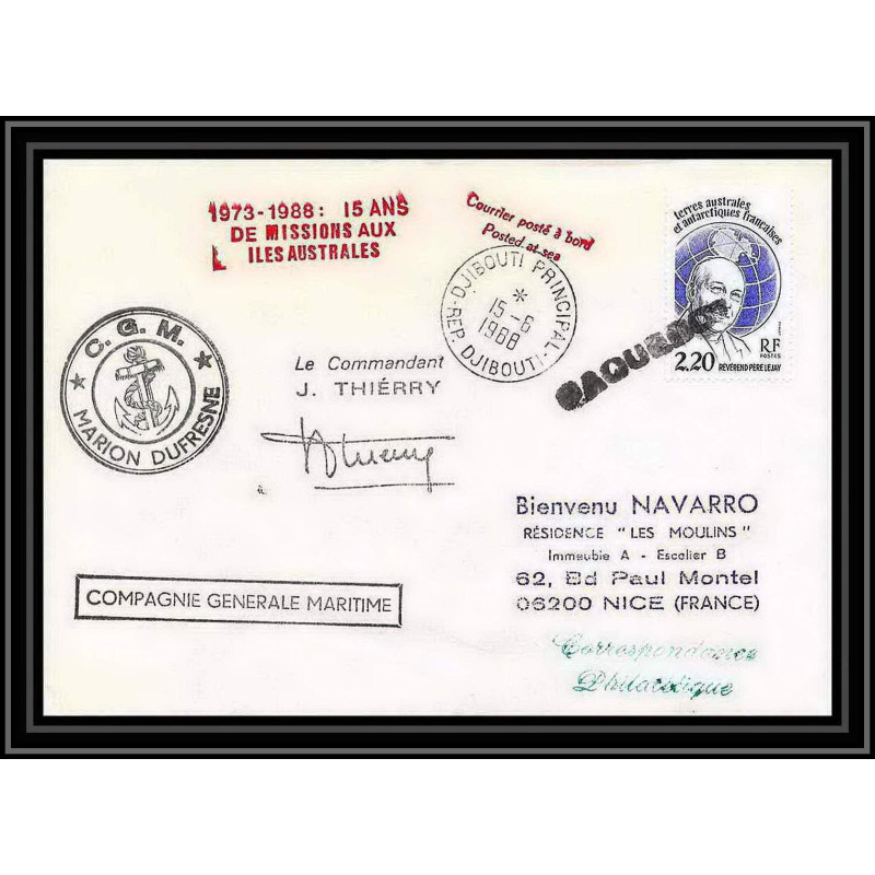1564 15 ans de missions Signé signed thierry 16/6/1988 marion dufresne TAAF Antarctic terres australes Lettre (cover)