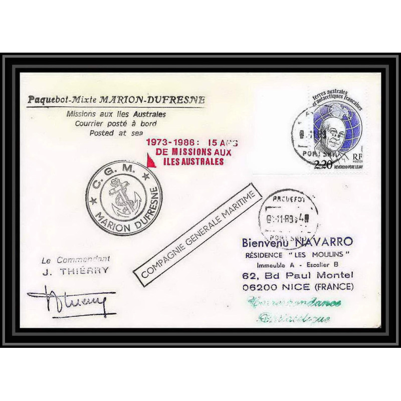 1565 15 ans de missions Signé signed thierry 16/6/1988 marion du TAAF Antarctic terres australes Lettre (cover)