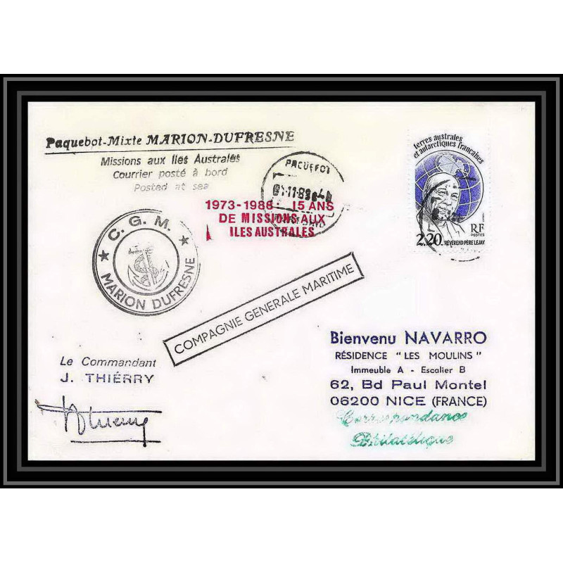 1566 15 ans de missions Signé signed thierry 16/6/1988 marion du TAAF Antarctic terres australes Lettre (cover)