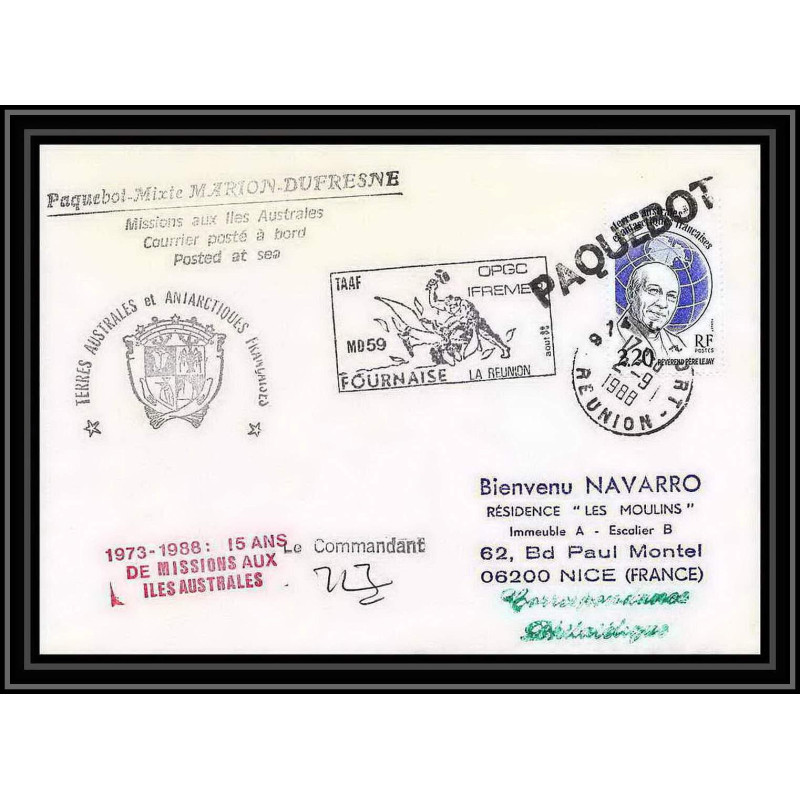 1567 TAAF terres australes Lettre (cover) md 59 fournaise la reunion Signé signed marion dufresne 2/9/1988 obl paquebot 