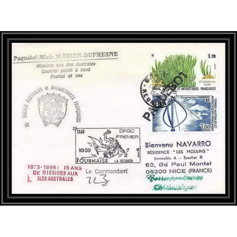 1569 TAAF terres australes Lettre (cover) md 59 fournaise la reunion Signé signed marion dufresne 2/9/1988 obl paquebot 