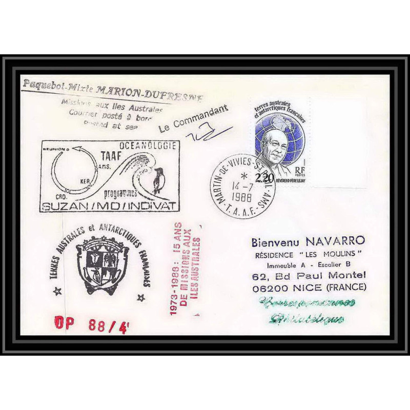 1572 88/4 océanologie md indivat 7/7/1988 Signé signed TAAF Antarctic terres australes Lettre (cover)