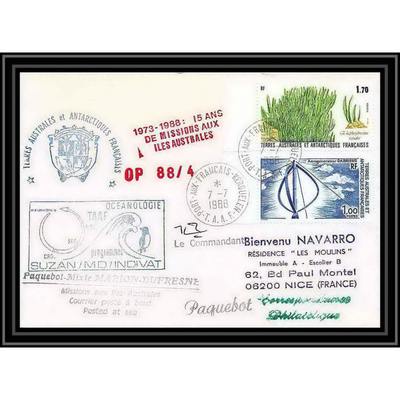 1574 88/4 océanologie md indivat 7/7/1988 Signé signed TAAF Antarctic terres australes Lettre (cover)