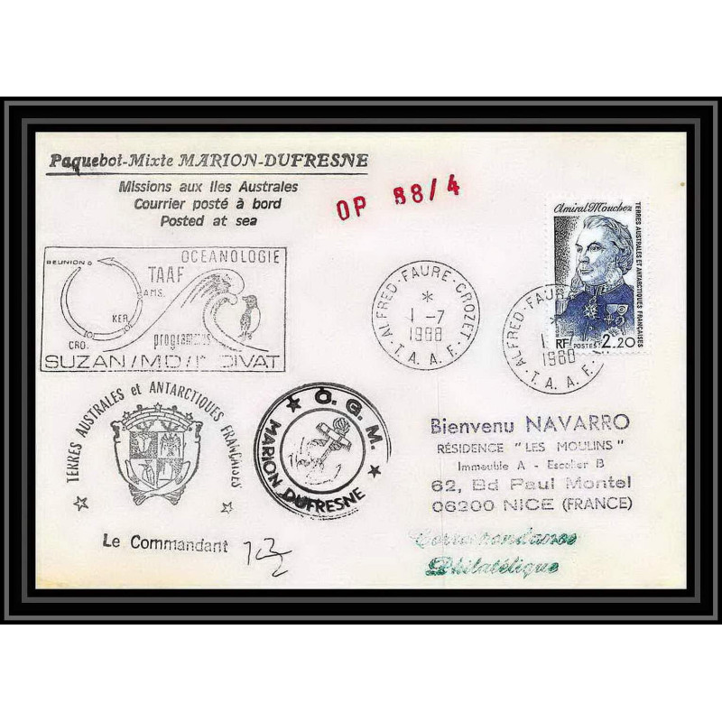 1575 88/4 océanologie md indivat 7/7/1988 Signé signed TAAF Antarctic terres australes Lettre (cover)