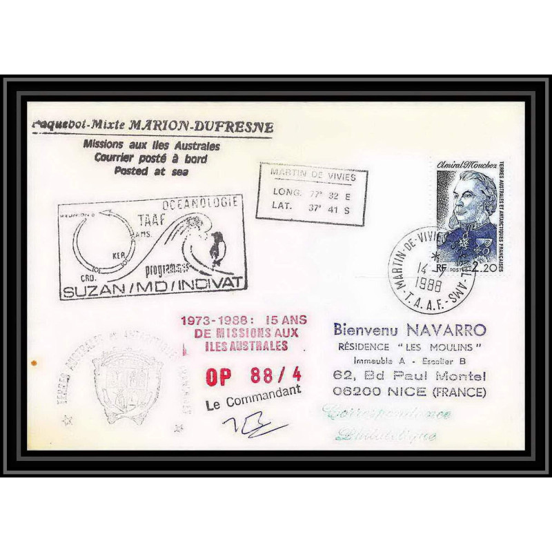 1577 88/4 océanologie md indivat 7/7/1988 Signé signed TAAF Antarctic terres australes Lettre (cover)