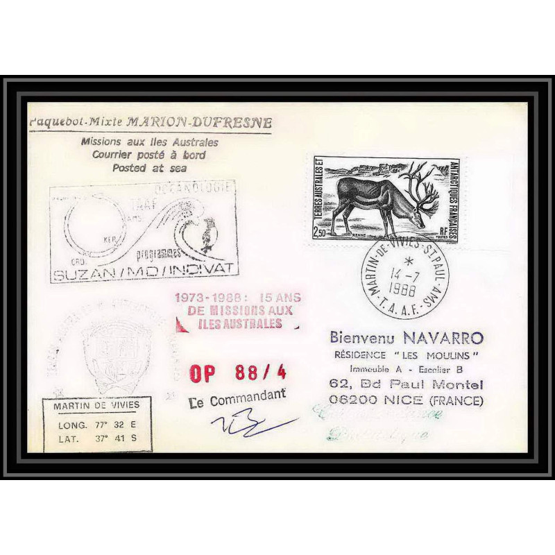 1579 88/4 océanologie md indivat 7/7/1988 Signé signed TAAF Antarctic terres australes Lettre (cover)