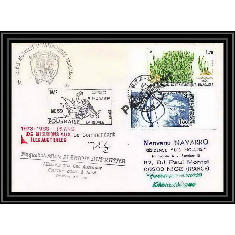 1584 TAAF terres australes Lettre (cover) md 59 fournaise la reunion Signé signed marion dufresne 2/9/1988 obl paquebot 