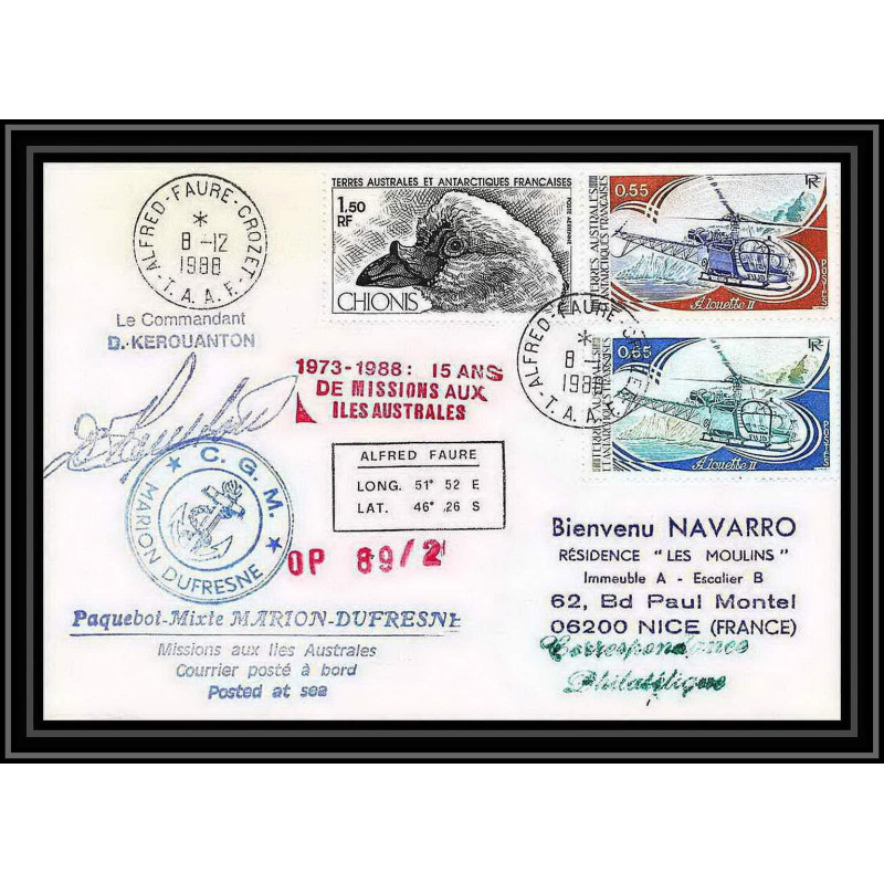 1586 89/2 - 8/12/1988 marion dufresne Signé signed kerouanton TAAF Antarctic terres australes Lettre (cover)
