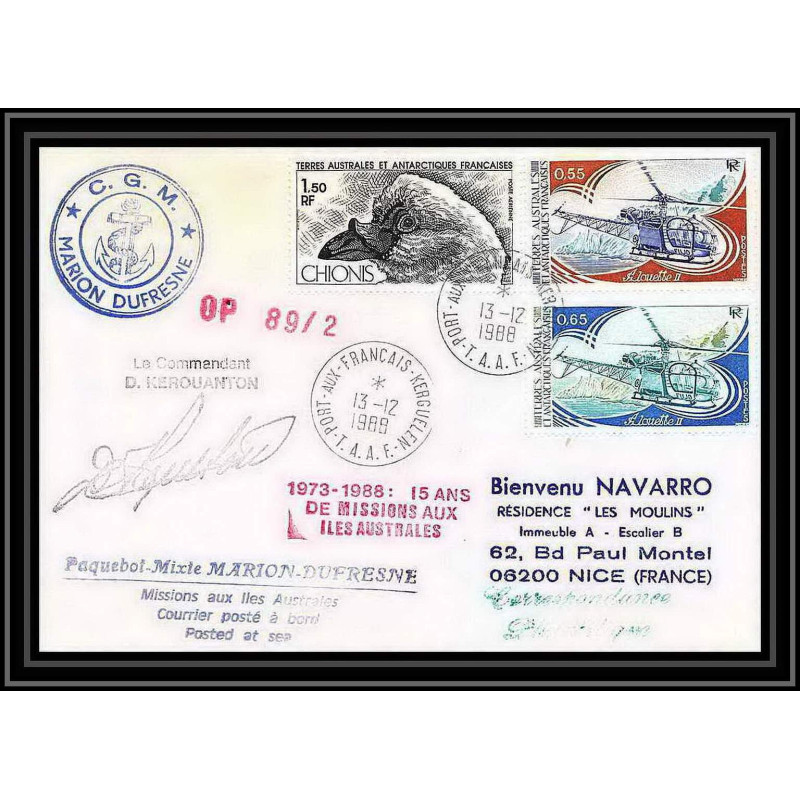 1587 89/2 - 13/12/1988 marion dufresne Signé signed kerouanton TAAF Antarctic terres australes Lettre (cover)