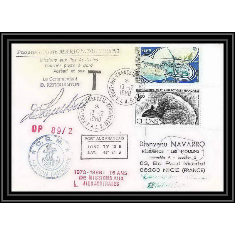 1588 89/2 13/12/1988 marion dufresne Signé signed kerouanton taxe TAAF Antarctic terres australes Lettre (cover)
