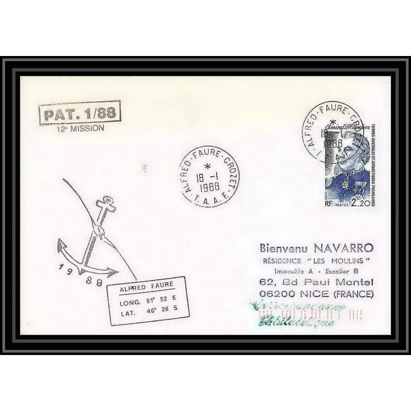 1592 patrouilleur 18/1/1988 12 ème mission TAAF Antarctic terres australes Lettre (cover)