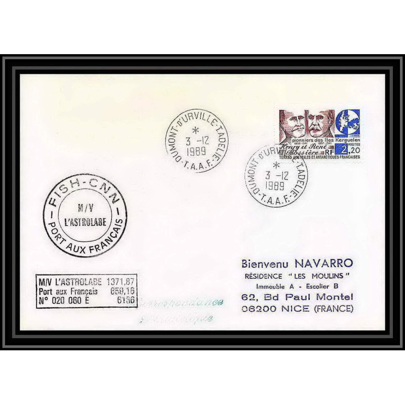 1601 fish cnn l'astrobale 3/12/1989 TAAF Antarctic terres australes Lettre (cover)