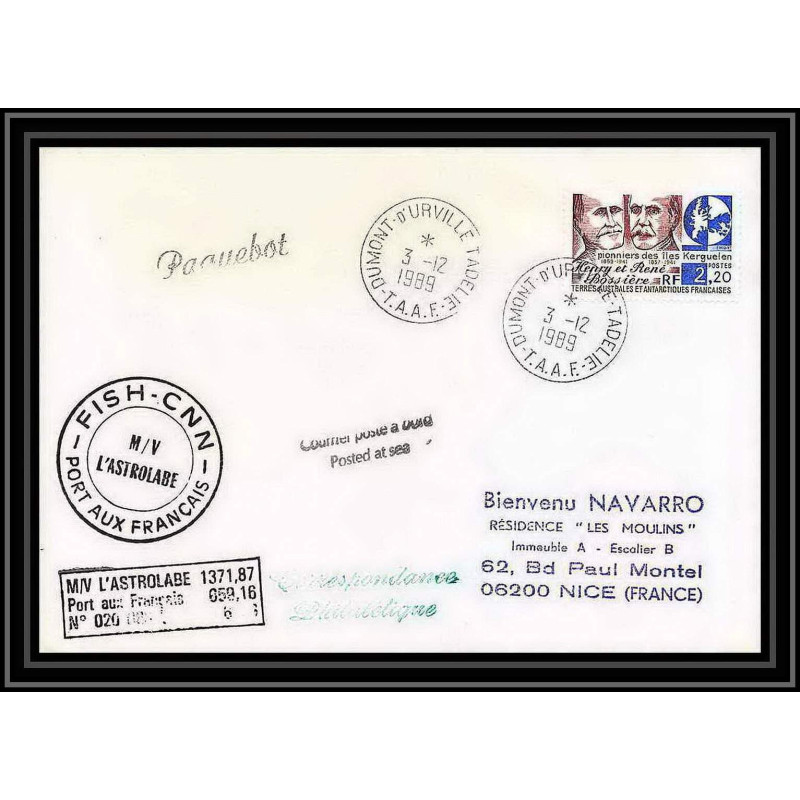 1602 fish cnn l'astrobale 3/12/1989 TAAF Antarctic terres australes Lettre (cover)