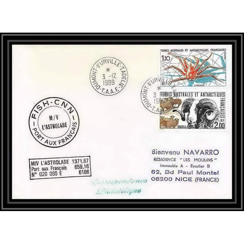 1603 fish cnn l'astrobale 3/12/1989 TAAF Antarctic terres australes Lettre (cover)