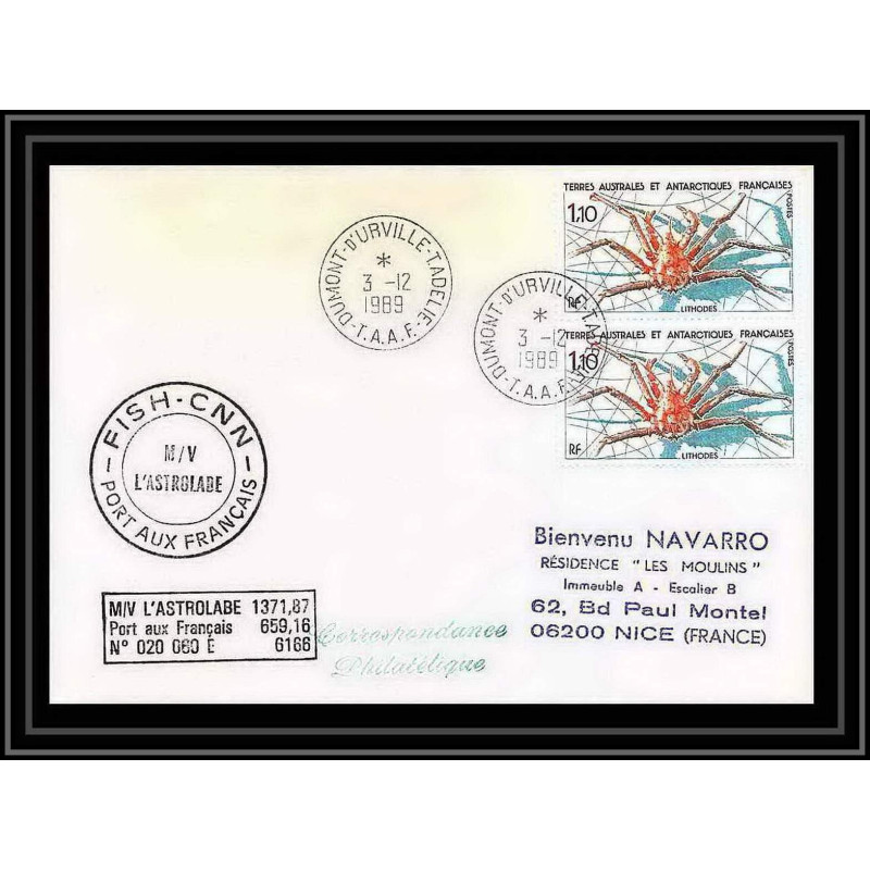 1604 fish cnn l'astrobale 3/12/1989 TAAF Antarctic terres australes Lettre (cover)