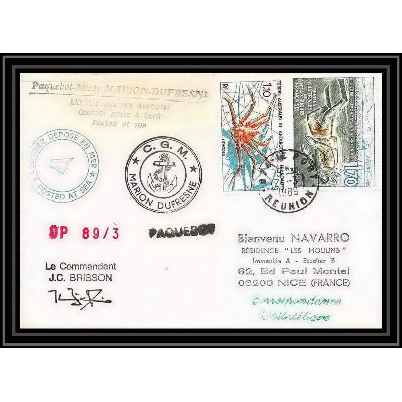 1608 89/3 cgm marion dufresne 24/3/1989 Signé signed brisson TAAF Antarctic terres australes Lettre (cover)