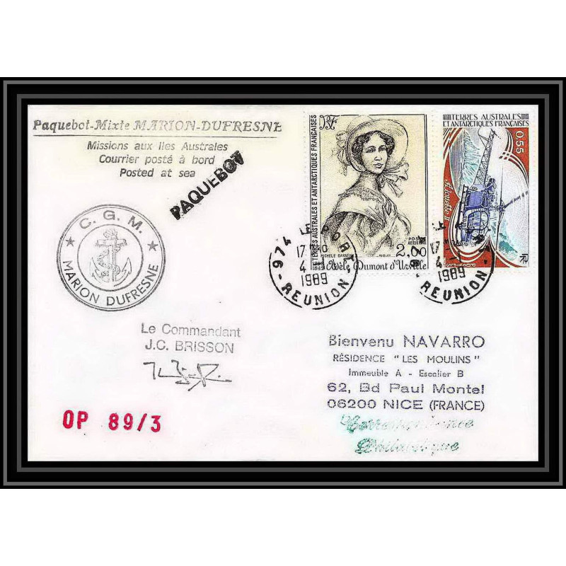 1610 89/3 cgm marion dufresne 4/1/1989 Signé signed brisson TAAF Antarctic terres australes Lettre (cover)
