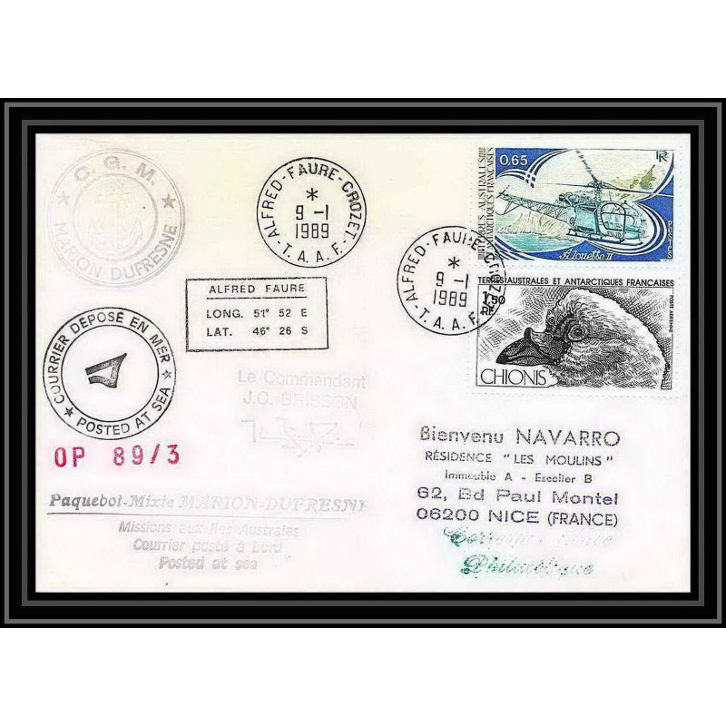 1612 89/3 cgm marion dufresne 9/1/1989 Signé signed brisson TAAF Antarctic terres australes Lettre (cover)