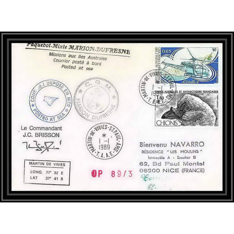 1613 89/3 cgm marion dufresne 1/1/1989 Signé signed brisson TAAF Antarctic terres australes Lettre (cover)
