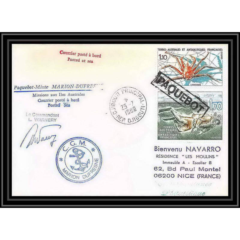 1614 marion dufresne Signé signed warnery 25/7/1989 TAAF Antarctic terres australes Lettre (cover) paquebot