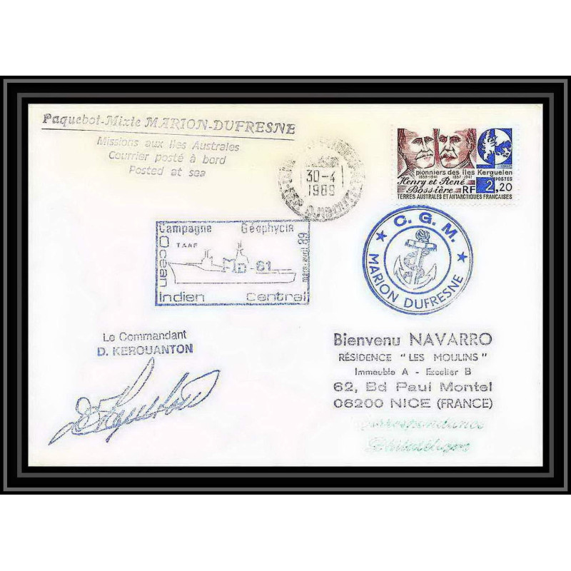 1618 md 61 indien central Signé signed kerouanton 30/4/1989 TAAF Antarctic terres australes Lettre (cover)