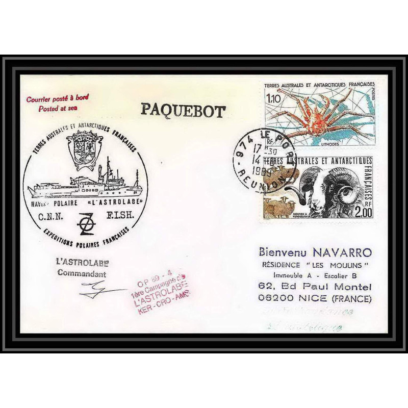 1622 premiere campagne astrobale 14/8/1989 Signé signed TAAF Antarctic terres australes Lettre (cover)