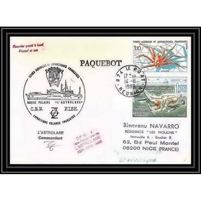 1630 premiere campagne astrobale 14/8/1989 Signé signed TAAF Antarctic terres australes Lettre (cover)