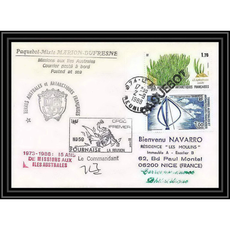 1644 marion dufresne md 59 fournaise le reunion 2/9/1988 obl paquebot TAAF Antarctic terres australes Lettre (cover)