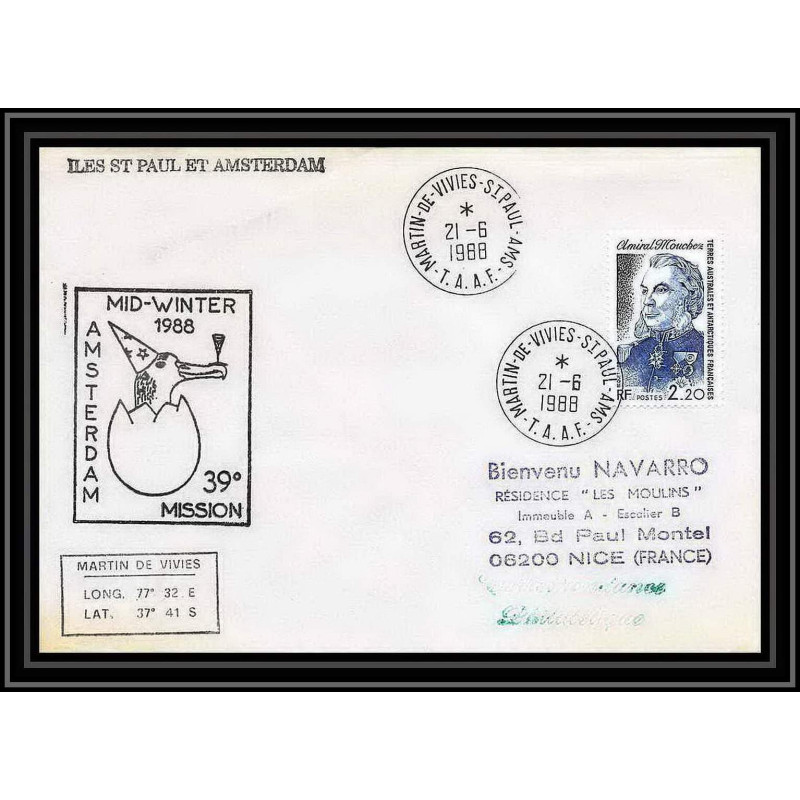 1647 mindwinter 39ème 21/6/1988 amsterdam TAAF Antarctic terres australes Lettre (cover)