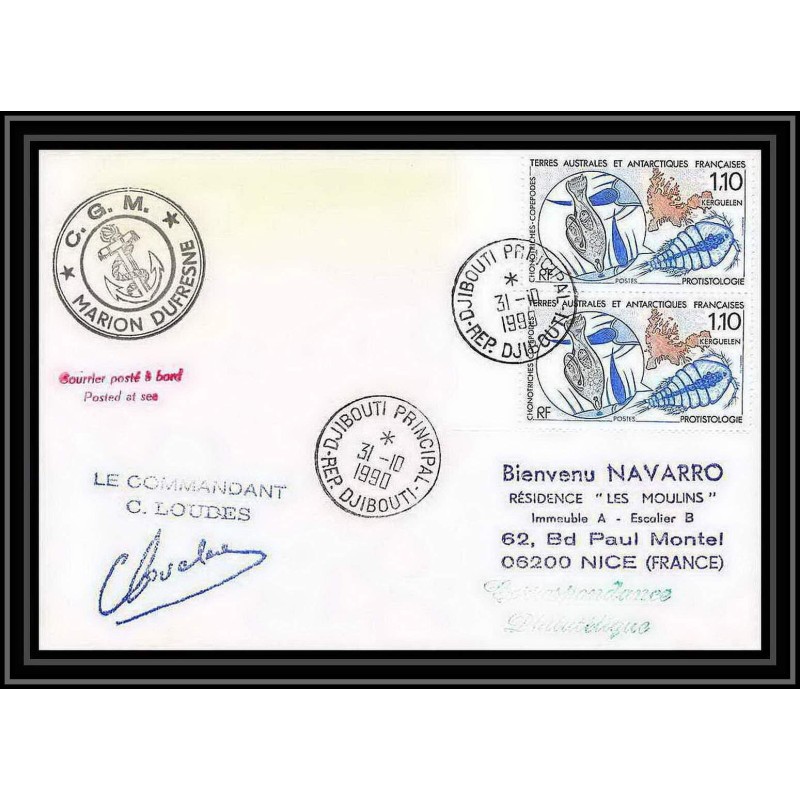 1652 marion dufresne djibouuti Signé signed loudes 31/10/1990 TAAF Antarctic terres australes Lettre (cover)