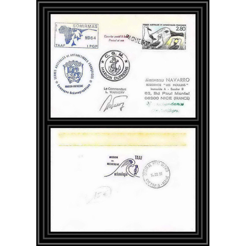 1664 TAAF Antarctic terres australes lettre mission recherche md 64 somirmas Signé signed warney obl paquebot 14/8/1990 