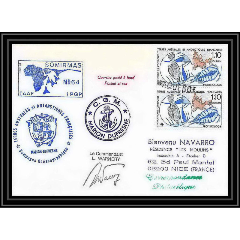 1665 TAAF Antarctic terres australes LETTRE mission recherche md 64 somirmas Signé signed warney obl paquebot 14/8/1990 