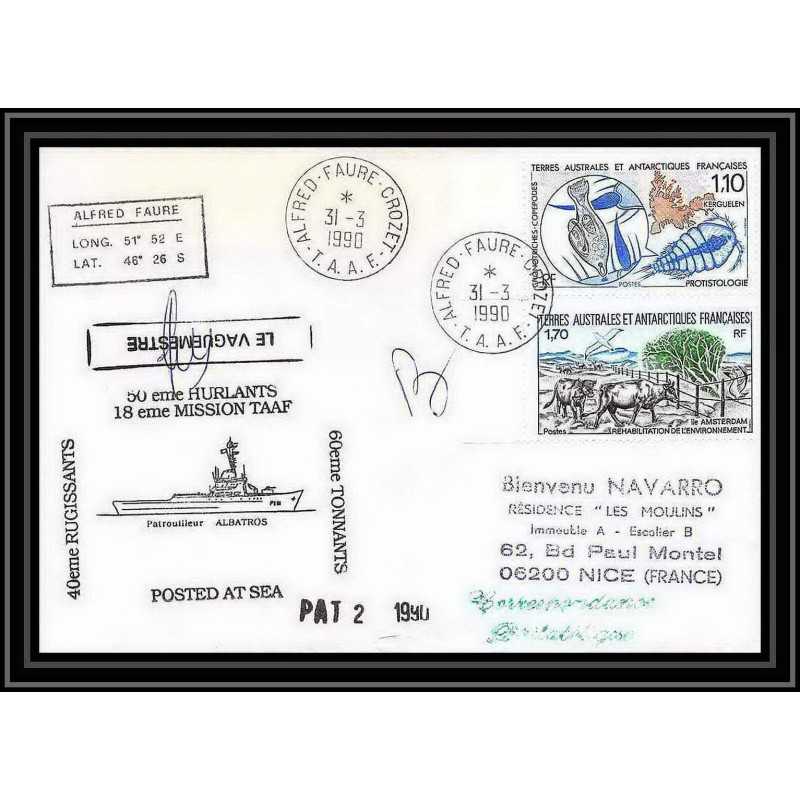 1671 TAAF Antarctic terres australes LETTRE patrouilleur albatros 50 ème hurlant 18ème mission Signé signed 31/3/1990 TA