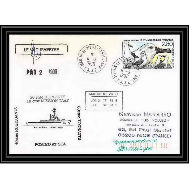 1675 TAAF Antarctic terres australes LETTRE patrouilleur albatros 50 ème hurlant 18ème mission Signé signed 11/3/1990 TA