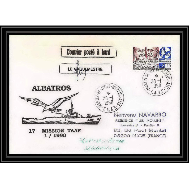 1676 patrouilleur albatros 17 mission 1 28/1/1990 Signé signed TAAF Antarctic terres australes Lettre (cover)