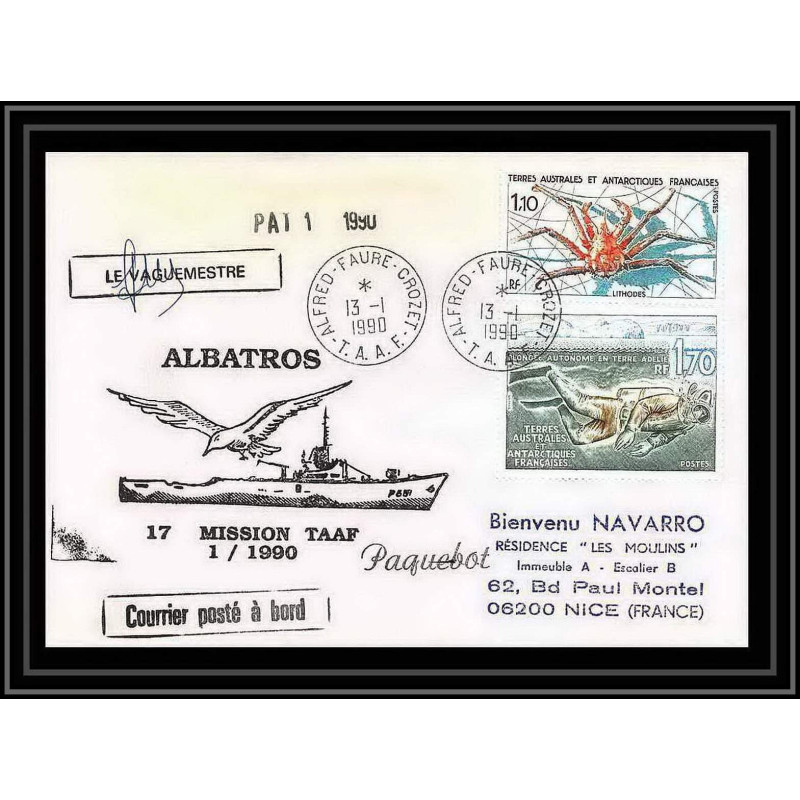 1680 patrouilleur albatros 17 mission 1 13/1/1990 Signé signed TAAF Antarctic terres australes Lettre (cover)