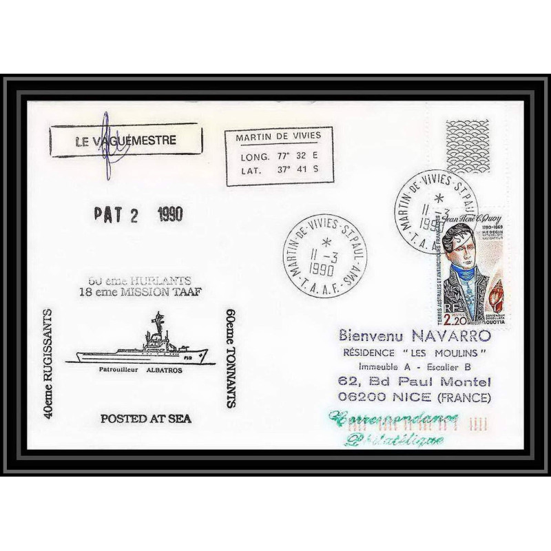 1692/ patrouilleur albatros 50ème hurlants 18ème mission 11/3/1990 Signé signed TAAF Antarctic terres australes Lettre (